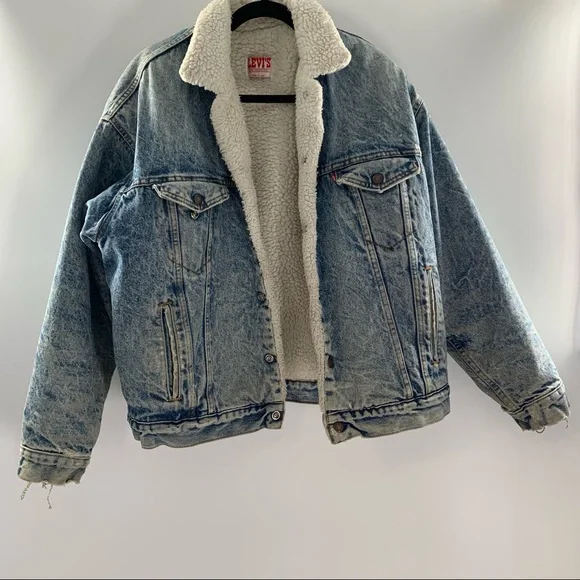 Levi’s Vintage 80’s Denim Distressed Jacket Sherpa Piled Size L - Picture 1 of 12